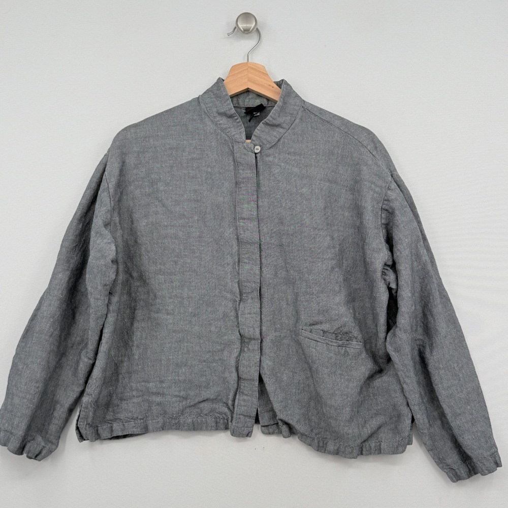 Eileen Fisher Button Down Shirt Womens Small Grey Linen Boxy Lagenlook Coastal